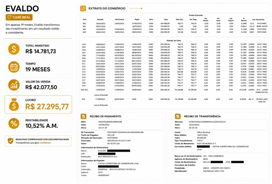 Comprovante de operação — Evaldo: R$ 27.295 de lucro · 9 meses